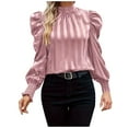 thumbnail image 1 of Kaemgyyd Women's Satin Mock Neck Long Sleeve Shirts Frill Trim Pullover Work Office Blouse Top Fall Clothing, 1 of 5