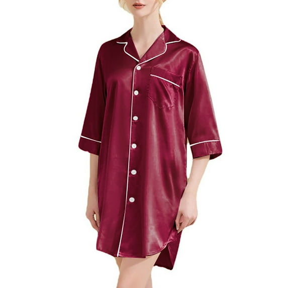 Kaemgyyd Women's Satin Nightshirt Button down Sleepshirt Silk Half Sleeve Nightgown Boyfriend Notch Collar Sleepwear