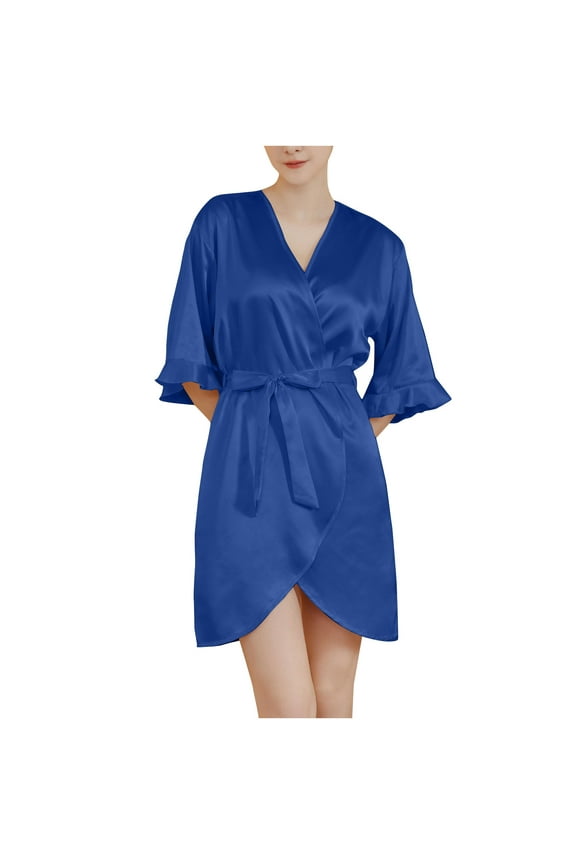 Women's Satin Robe Silk Wedding Bridal Party Bathrobe Ruffle Half Sleeve Sleepwear Lightweight Belted Loungewear