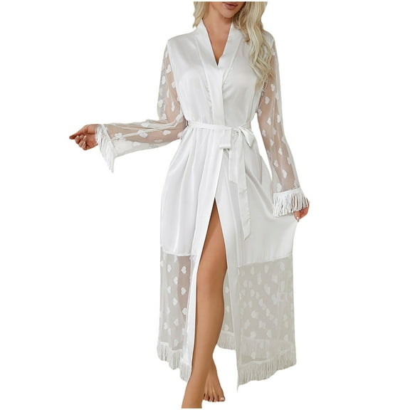 Kaemgyyd Women's Satin Robe Silky Belted Long Sleeve Heart Robes Lightweight Tassel Fringe Full Length Brides Bathrobes Sleepwear