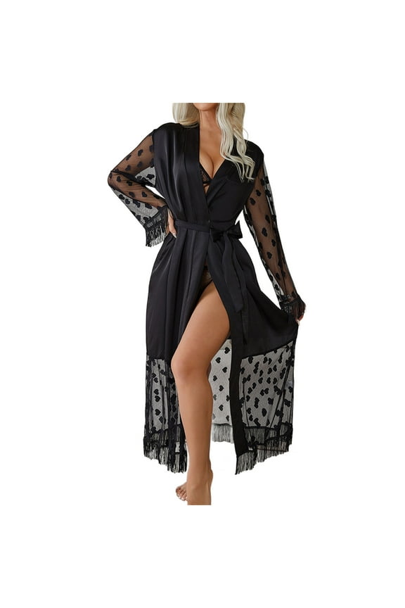 Women's Satin Robe Silky Belted Long Sleeve Heart Robes Lightweight Tassel Fringe Full Length Brides Bathrobes Sleepwear