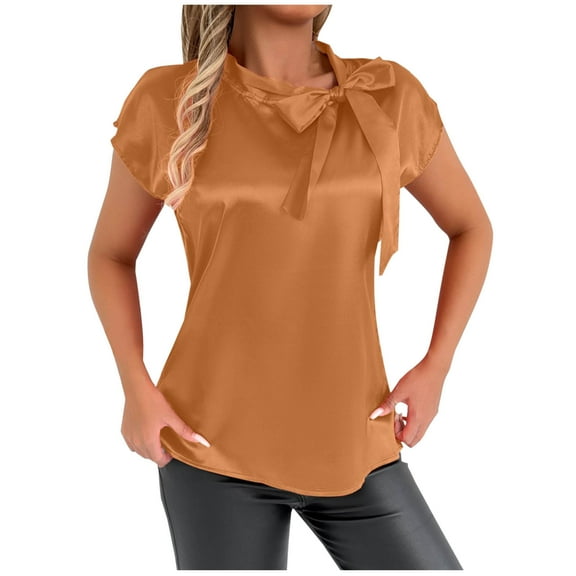 Kaemgyyd Women's Satin Shirt Silk Short Sleeve Comfy Dressy Blouse Summer Elegant Bow Tie Knot Work Business Top