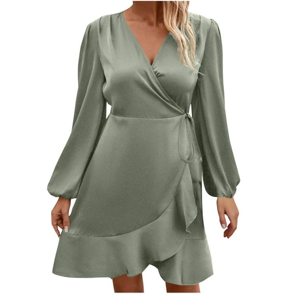 Kaemgyyd Women's Satin Silky Dress Soft Comfy Wrap V Neck Tie Waist Cocktail Dress Elegant Long Sleeve Solid Mini Short Dress
