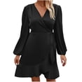 thumbnail image 1 of Kaemgyyd Women's Satin Silky Dress Soft Comfy Wrap V Neck Tie Waist Cocktail Dress Elegant Long Sleeve Solid Mini Short Dress, 1 of 6