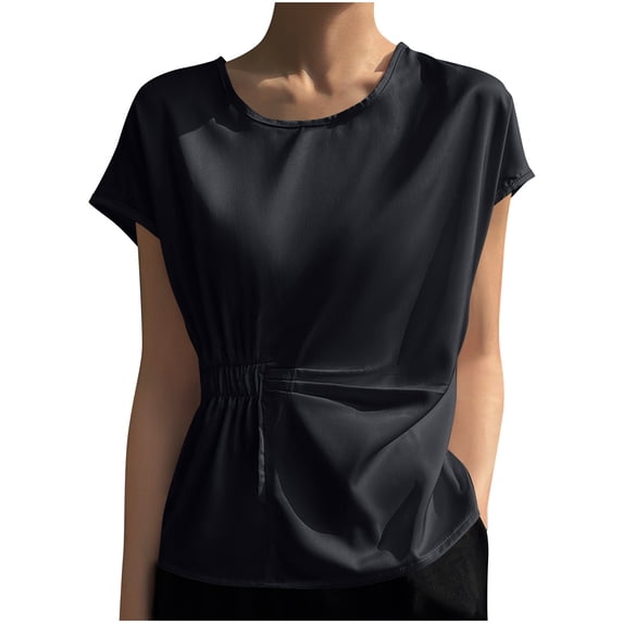 Kaemgyyd Women's Satin Tops Casual Solid Cap Short Sleeve T-Shirts Elastic Waist Crew Neck Silk Blouse Tops for Business Office