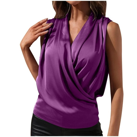 Kaemgyyd Women's Satin Tops Elegant Sleeveless V Neck Pleated Blouse Fashion Slik Wrap Front Work Shirt Summer Clothes