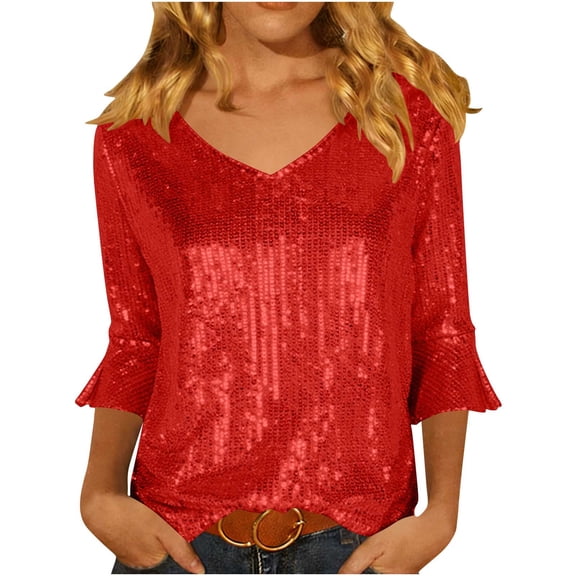 Kaemgyyd Women's Sequin Tops Ruffle 3/4 Sleeve Sparkly Blouses for Party Fashion V Neck Elegant Solid Office Shirt