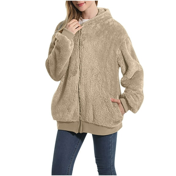 Kaemgyyd Women's Sherpa Jackets Casual Loose Long Sleeve Full Zip up Winter Coat Soft Warm Fleece Jacket with Hood