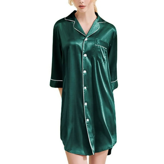 Kaemgyyd Women's Silk Nightgown Half Sleeve Nightshirt Button down Sleepshirt Satin Pajama Dress Boyfriend Notch Collar Sleepwear