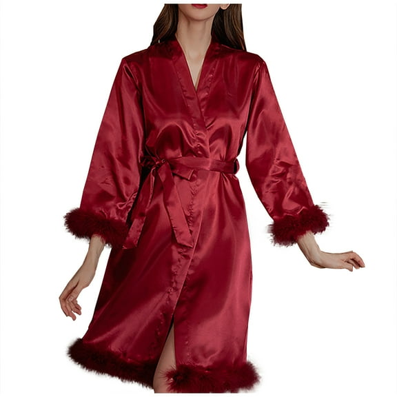 Kaemgyyd Women's Silk Robe Short Cute Fuzzy Trim Satin Long Sleeve Bride Comfy Sleepwear Soft Lightweight Belted Bathrobe
