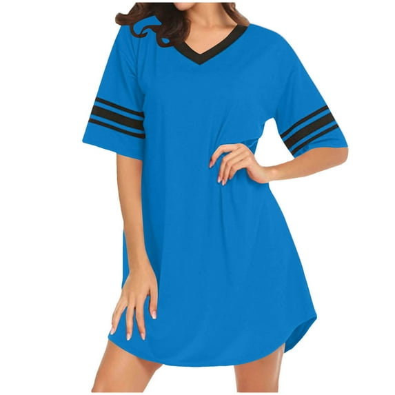Kaemgyyd Women's Sleepshirt Fashion Color Block V Neck Nightgown Oversized Loose Half Sleeve Nightshirt Sleepwear Summer