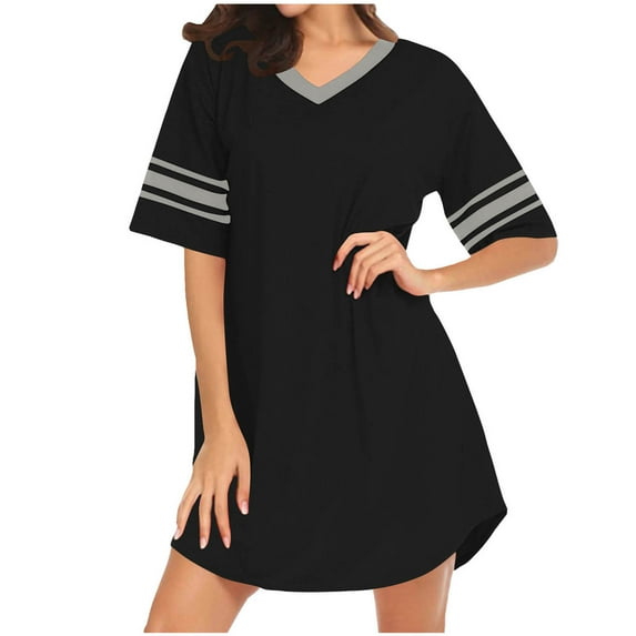 Kaemgyyd Women's Sleepshirt Fashion Color Block V Neck Nightgown Oversized Loose Half Sleeve Nightshirt Sleepwear Summer