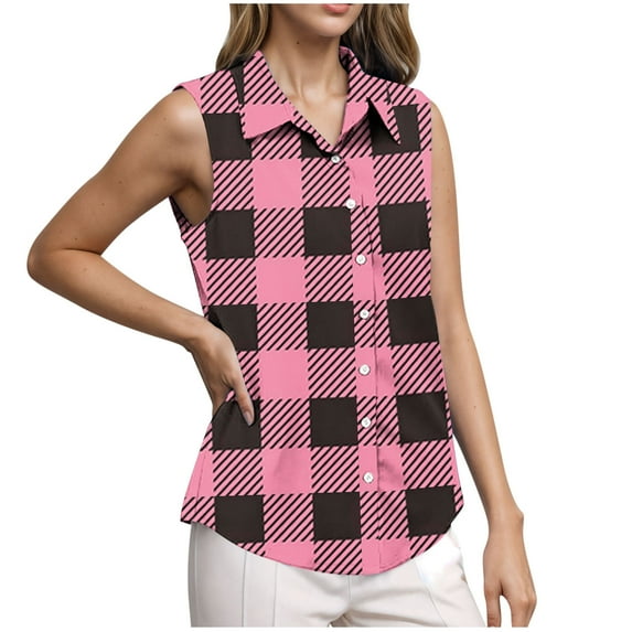 Kaemgyyd Women's Sleeveless Button down Shirts Casual Loose Dressy Blouses Fashion Plaid Collared Work Tank Tops