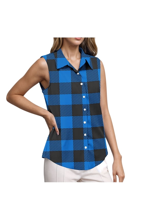 Women's Sleeveless Button down Shirts Casual Loose Dressy Blouses Fashion Plaid Collared Work Tank Tops