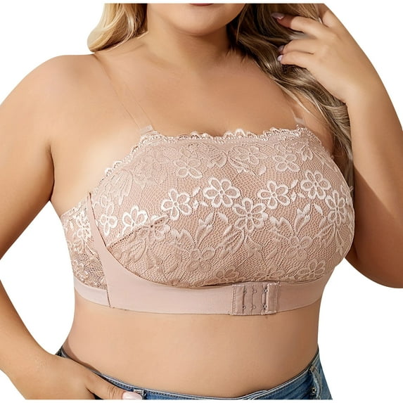 Kaemgyyd Women's Strapless Bra for Big Bust Front Closure Bandeau Bralette Full Coverage Plus Size No Underwire Lace Bras