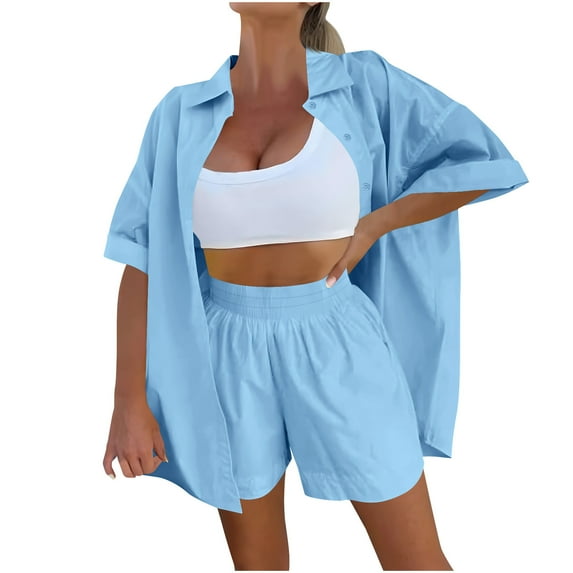 Kaemgyyd Women's Summer 2 Piece Sets Beach Vaction Clothes Short Sleeve Button down Shirts with Shorts Matching Short Sets Outfits