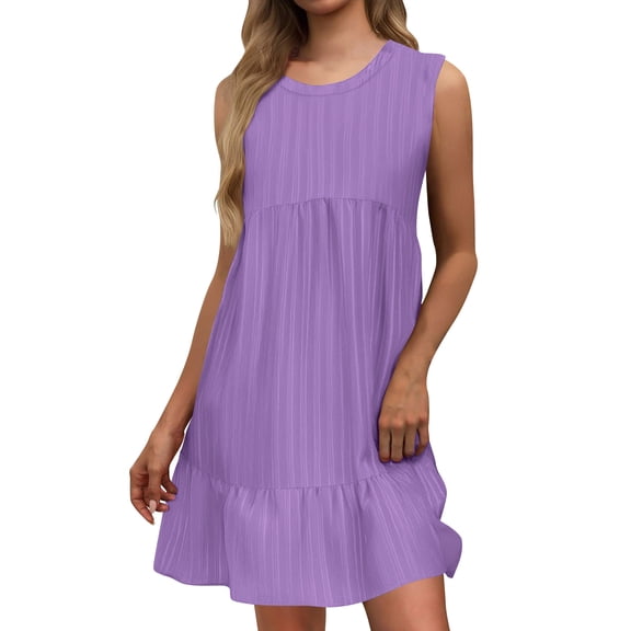 Kaemgyyd Women's Summer Dresses Solid Color Loose Sleeveless Tank Dress Crew Neck High Waist Tiered Sundresses Beach Clothes