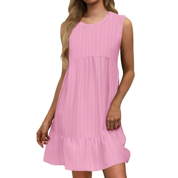 Kaemgyyd Women's Summer Dresses Solid Color Loose Sleeveless Tank Dress Crew Neck High Waist Tiered Sundresses Beach Clothes