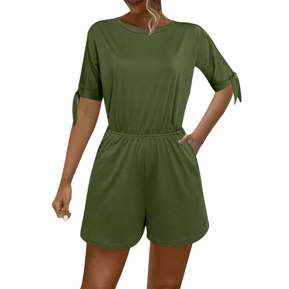 Kaemgyyd Women's Summer Rompers Comfy Crew Neck High Waist Shorts Jumpsuit Casual Loose One-Piece Outfits with Pockets