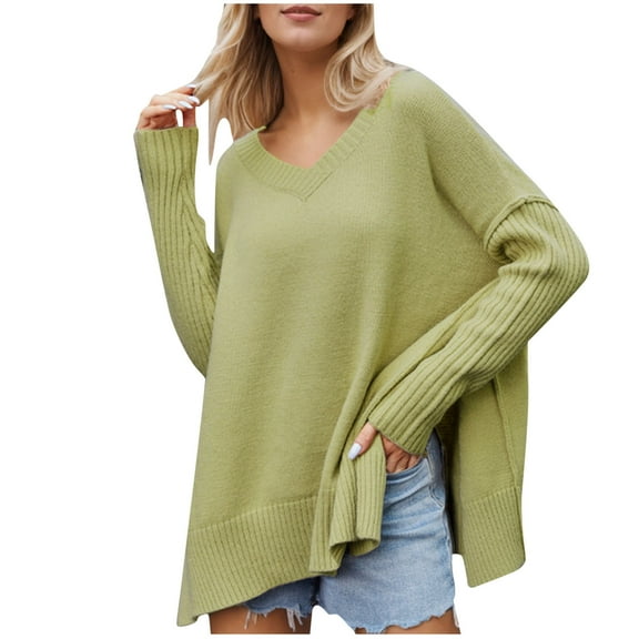 Kaemgyyd Women's Sweater Soft Loose Oversized Side Slit Pullover Casual Lightweight V Neck Long Sleeve Knit Top