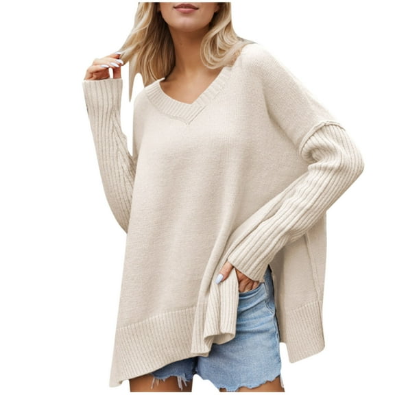Kaemgyyd Women's Sweater Soft Loose Oversized Side Slit Pullover Casual Lightweight V Neck Long Sleeve Knit Top
