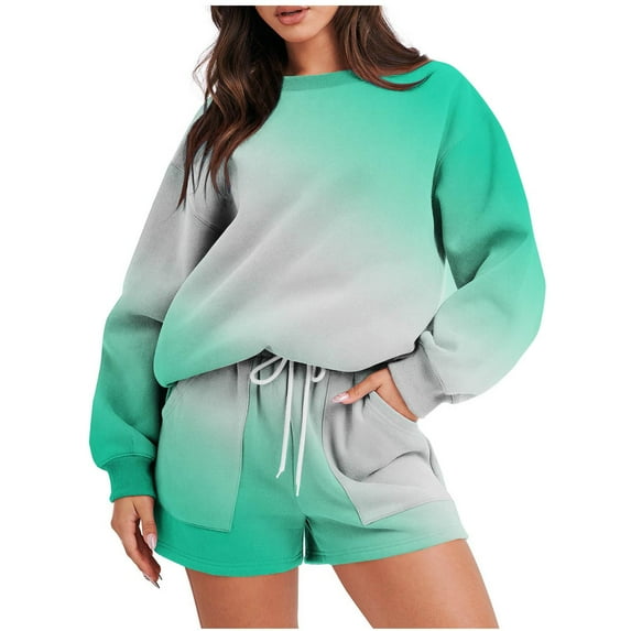Kaemgyyd Women's Sweatsuit Set Fall Trendy 2 Piece Outfit Long Sleeve Crew Neck Pullover and Drawstring Shorts with Pockets