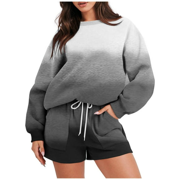 Kaemgyyd Women's Sweatsuit Set Fall Trendy 2 Piece Outfit Long Sleeve Crew Neck Pullover and Drawstring Shorts with Pockets