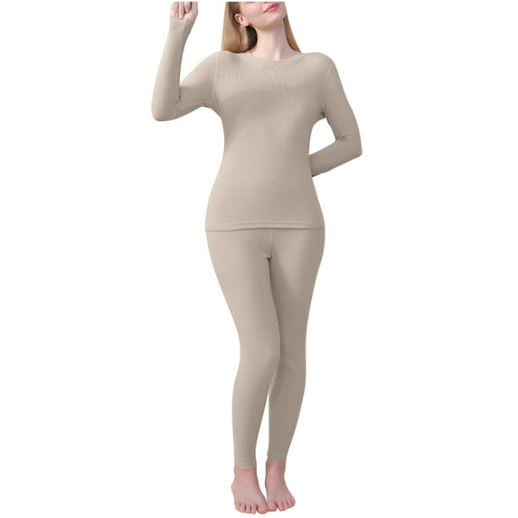 Kaemgyyd Women's Thermal Underwear Set Solid Warm Base Layer Outfit Long Sleeve Crew Neck Tops and Leggings Winter Sleepwear