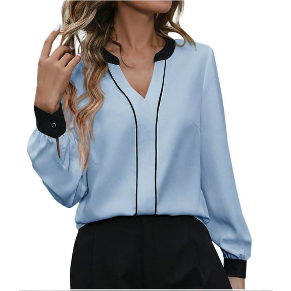 Kaemgyyd Women's Tops Casual V Neck Color Block Blouse Oversized Long Sleeve Loose Work Office Shirts Spring Outfits Clothes