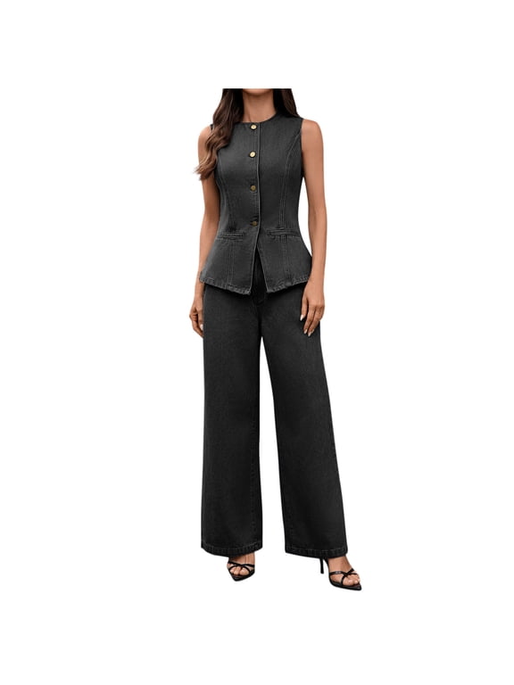 Women's Two Piece Denim Set Trendy Sleeveless Button down Vest Top and Wide Leg Jeans Casual Business Suits S-Xl