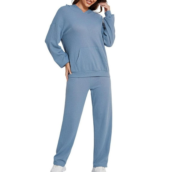 Kaemgyyd Women's Two Piece Pajamas Set Casual Long Sleeve Hooded Pockets Pullover with Long Pants Solid Color Loungewear Sleepwear