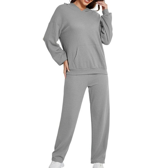 Kaemgyyd Women's Two Piece Pajamas Set Casual Long Sleeve Hooded Pockets Pullover with Long Pants Solid Color Loungewear Sleepwear