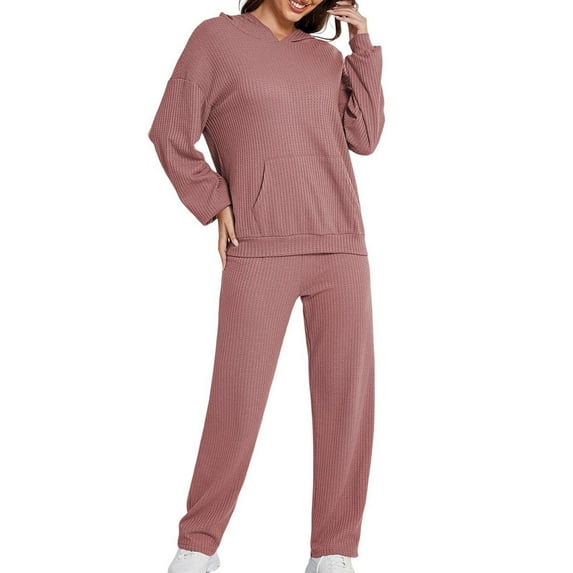 Kaemgyyd Women's Two Piece Pajamas Set Casual Long Sleeve Hooded Pockets Pullover with Long Pants Solid Color Loungewear Sleepwear