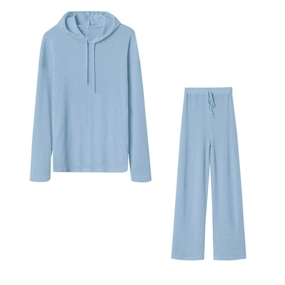 Kaemgyyd Women's Two Piece Tracksuit Fall Solid Ribbed Knit Hoodie Sweatshirt Set Drawstring Long Pants Matching Outfits