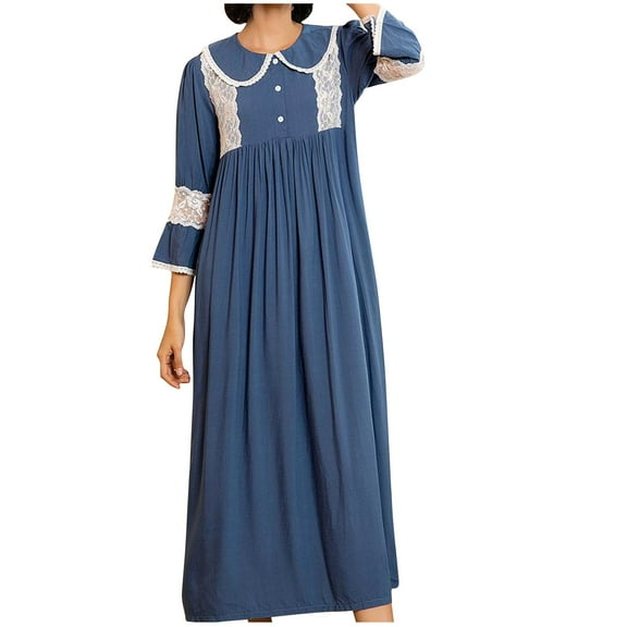 Kaemgyyd Women's Vintage Nightgown Loose Cute Nightwear Lace 3/4 Sleeve Pajama Dress Soft Pleated Loungewear