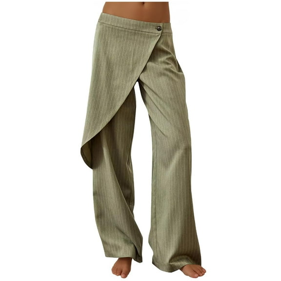Kaemgyyd Women's Wide Leg Dress Pants Casual Button Stripe Work Office Wrap Trousers Loose Trendy Lounge Clothing Fall