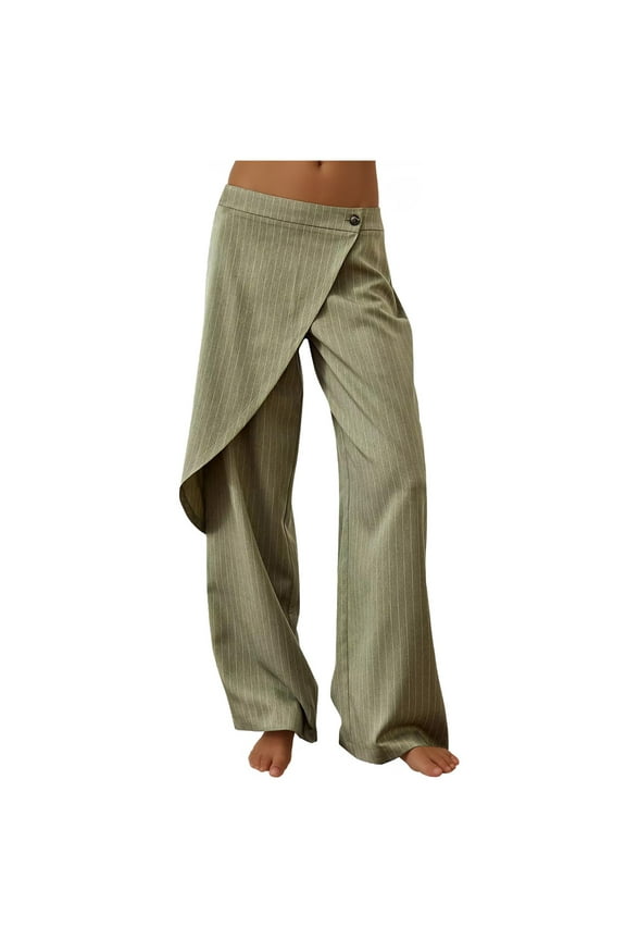 Women's Wide Leg Dress Pants Casual Button Stripe Work Office Wrap Trousers Loose Trendy Lounge Clothing Fall