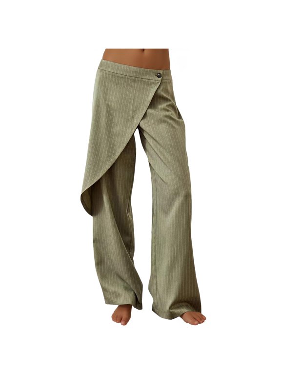 Women's Wide Leg Dress Pants Casual Button Stripe Work Office Wrap Trousers Loose Trendy Lounge Clothing Fall