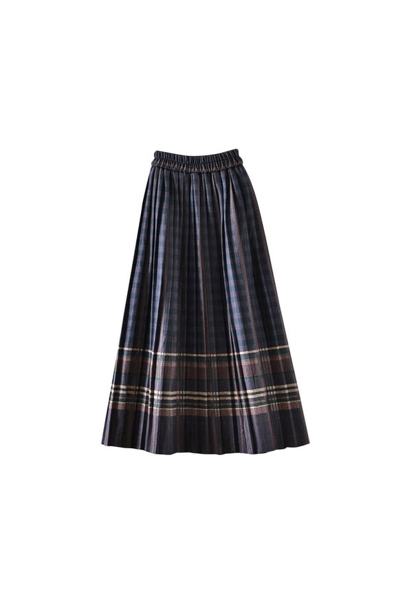 Women's Wool Blend Skirt Fall Winter High Waist A-Line Skirt Vintage Plaid Pleated Midi Skirt
