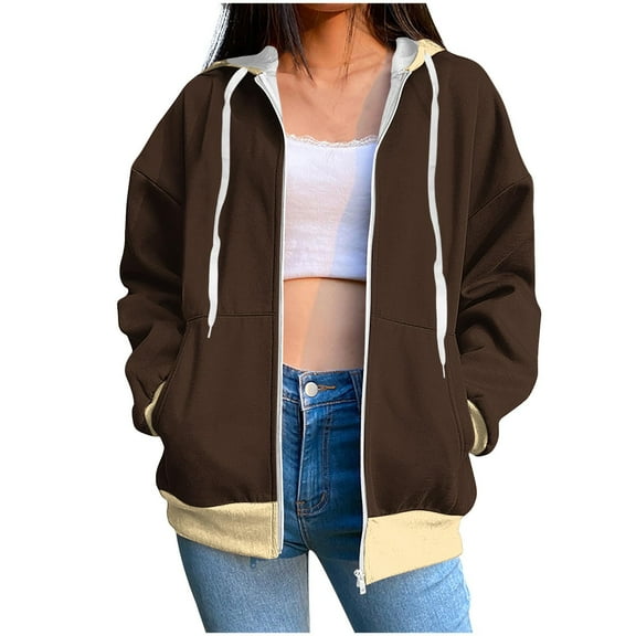 Kaemgyyd Women's Zip up Hoodies Lightweight Color Block Sweatshirt Casual Long Sleeve Drawstring Jacket Coat with Pockets