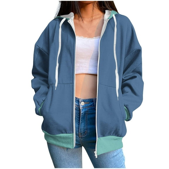 Kaemgyyd Women's Zip up Hoodies Lightweight Color Block Sweatshirt Casual Long Sleeve Drawstring Jacket Coat with Pockets