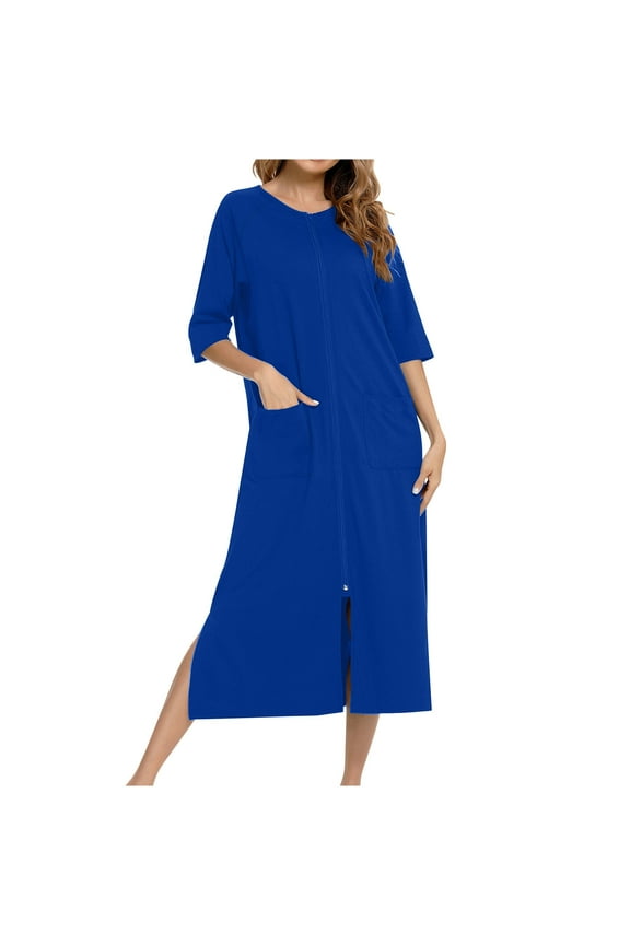 Women's Zipper Robe 3/4 Sleeve Housecoats Full Length Midi Dress Loose Solid Color Loungewear with Pockets