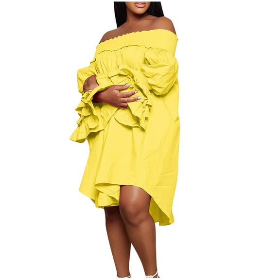 Kaemgyyd Women's off the Shoulder Mini Dress Plus Size Smock Sleeve Casual Loose Ruffle High Low Solid Summer Dresses