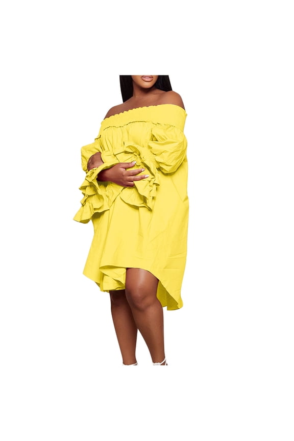 Women's off the Shoulder Mini Dress Plus Size Smock Sleeve Casual Loose Ruffle High Low Solid Summer Dresses