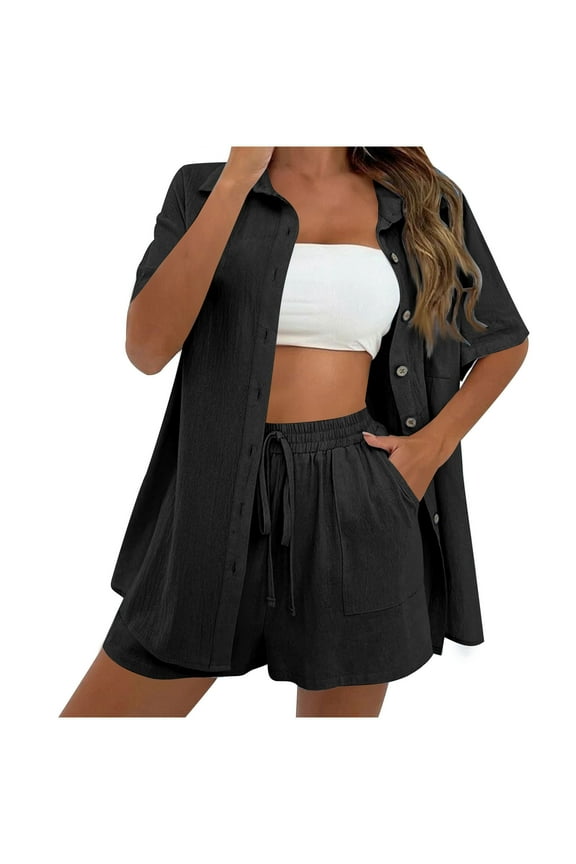 Womens 2 Piece Lounge Set Cotton Linen Short Sleeve Button down Shirts Cardigan and Shorts with Pocket Beach Matching Set