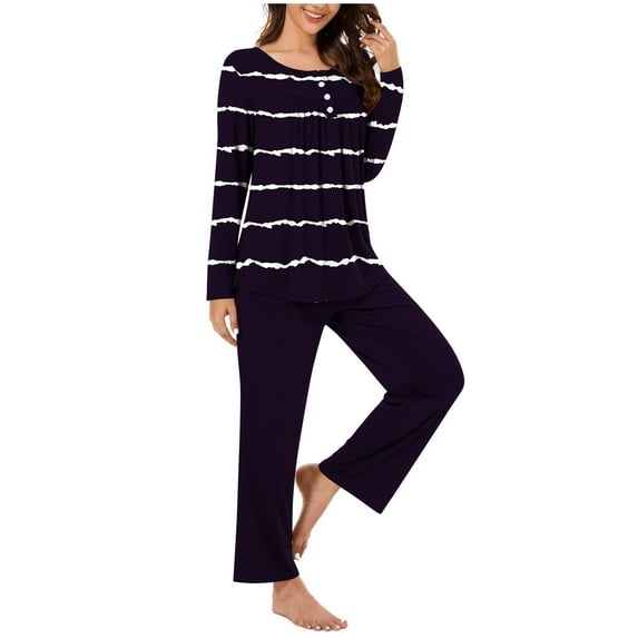 Kaemgyyd Womens 2 Piece Pajama Set Stripe Lounge Outfits Soft Button Pleated Sleepwear and Wide Leg Pants with Pockets