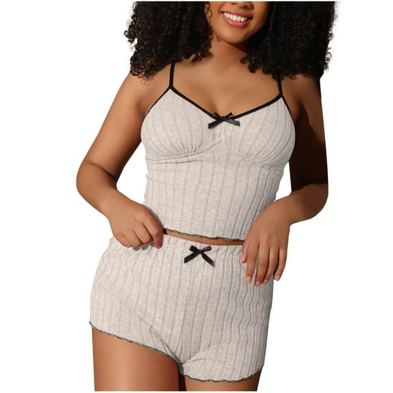 Kaemgyyd Womens 2 Piece Pajama Set Summer Cute Bow Sleeveless Crop Cami Tops and High Waist Pj Shorts Ribbed Knit Lounge Sets