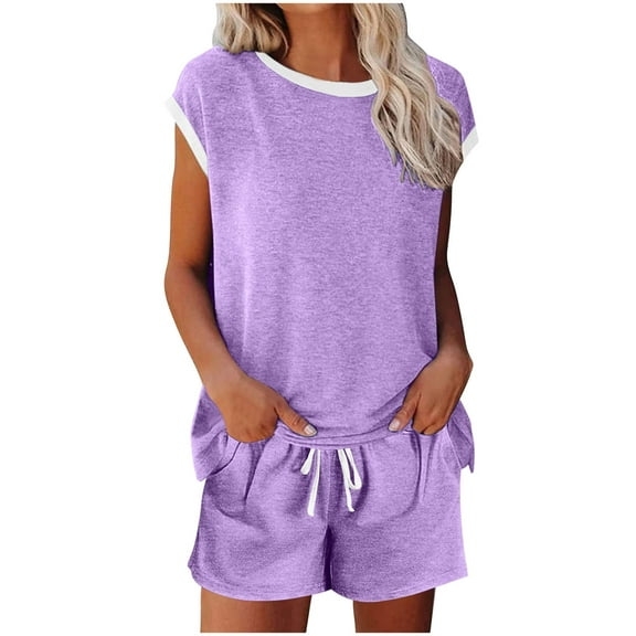 Kaemgyyd Womens 2 Piece Sets Casual Summer Cap Sleeve Round Neck Tops and Drawstring Shorts with Pockets Outfits Tracksuit