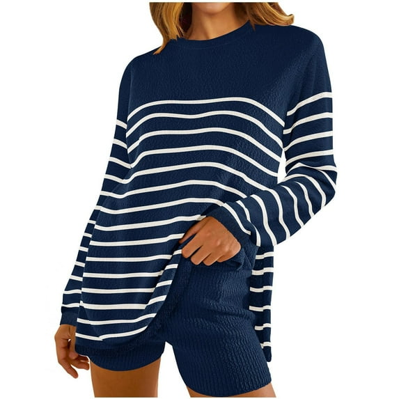 Kaemgyyd Womens 2 Piece Sweater Sets Lounge Cozy Outfits Long Sleeve Stripe Knit Top and Ribbed Shorts Matching Tracksuit Set