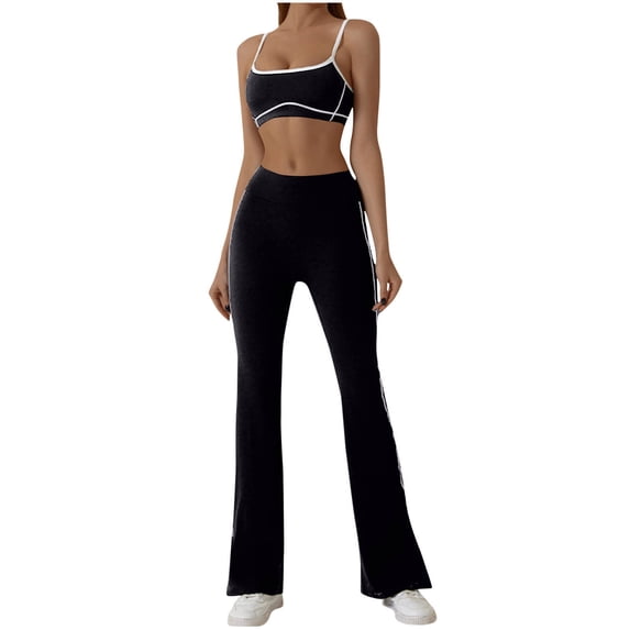 Kaemgyyd Womens 2 Piece Workout Sets Cropped Spaghetti Strap Top with Flare Wide Leg Sweatpants Tracksuit Casual Yoga Outfits